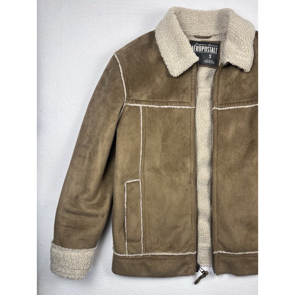Aeropostale Brown Sherpa Lined Faux Suede Jacket Men’s Small – Shearling Style - Picture 15 of 16